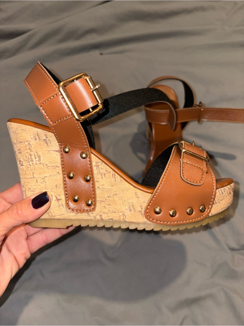 NWOT Women's Tan Wedge Sandals with Buckle Detail